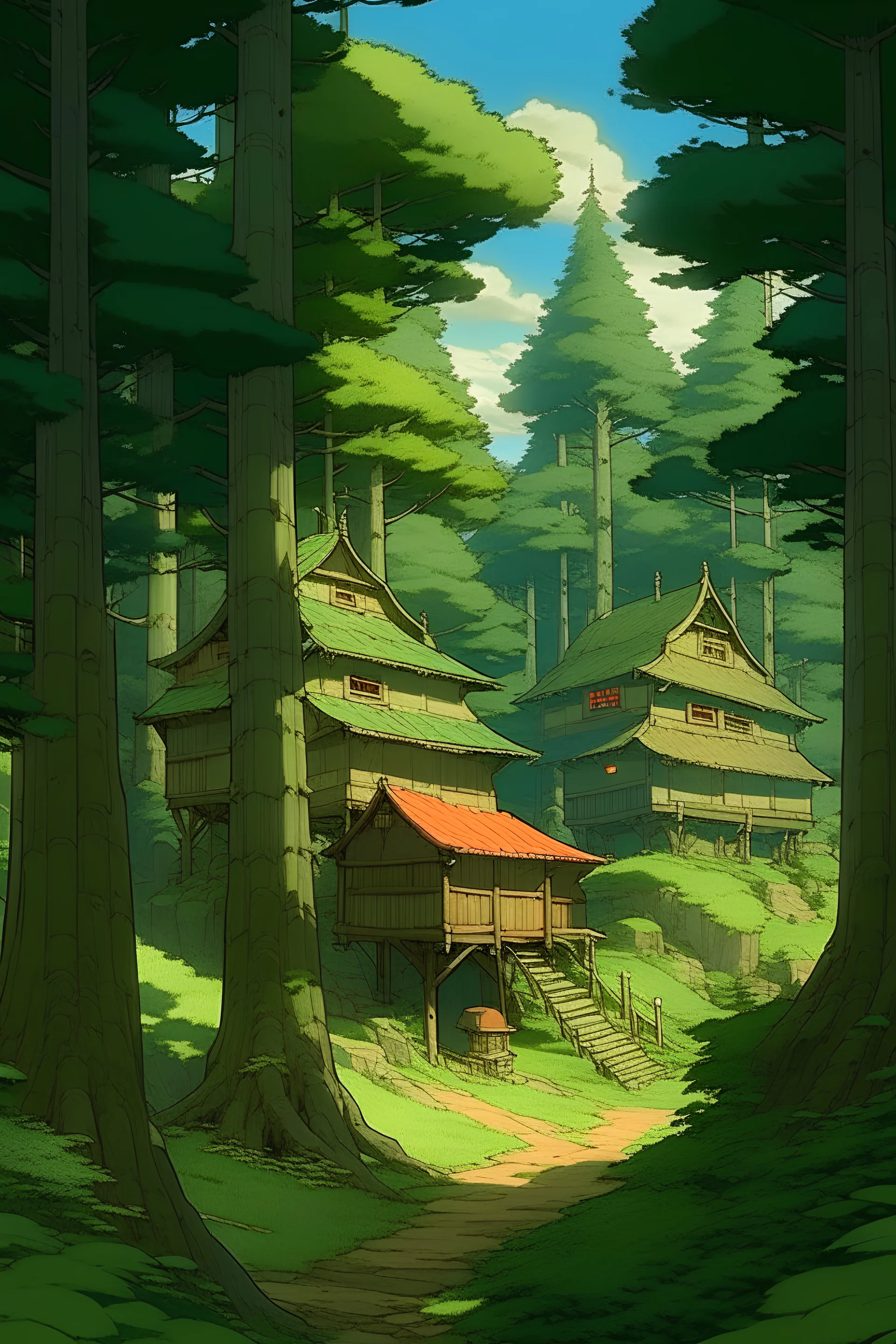 três casas na floresta, ghibli style