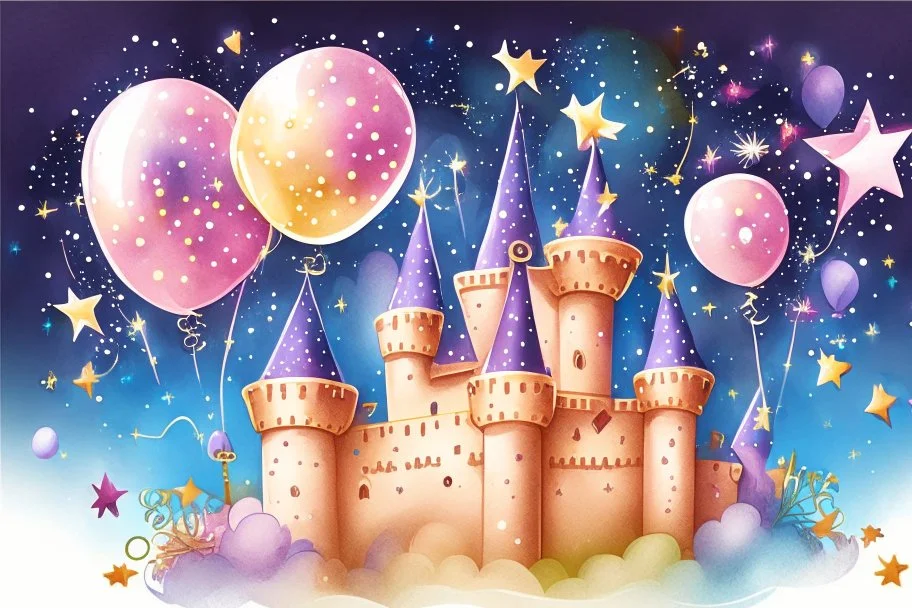 a sparkling star, a castle, elements like balloons and confetti. children book style illustration. realistic