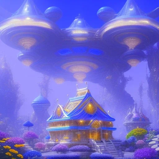 landscape of aztecan celestial blue temple ambient beutiful villa white gold and neon lights bright and blue bright gloss effect of a futuristic house,like spaceship, natural round shapes concept, large transparent view of the open outdoor garden,sea beach,blue sky , gold crystals,with light blue, flowers of Lotus, beutiful pools, light of sun , palmiers,cerisiers en fleurs, wisteria, sun , stars, small waterfalls