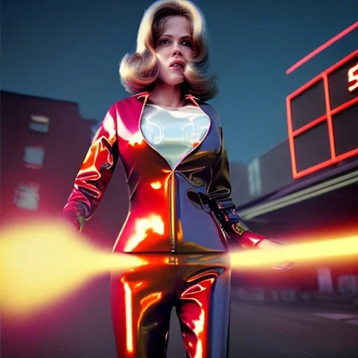 retro sci-fi press image, explosions supermarket from 1960, many explosions, sweet young Jane Fonda, tight latex suit, weapon, fighting stance, soft color, highly detailed, unreal engine 5, ray tracing, RTX, lumen lighting, ultra detail, volumetric lighting, 3d, finely drawn, high definition, high resolution.