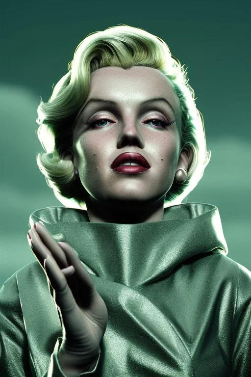 Ultra Realistic retro sci-fi scene, portrait, blonde woman, sweet young Marilyn Monroe face, perfect iris, tight latex coat, Strange planet background, Retro sci-fi style helmet, fog, rain, soft color, highly detailed, unreal engine 5, ray tracing, RTX, lumen lighting, ultra detail, volumetric lighting, 3d, finely drawn, high definition, high resolution.