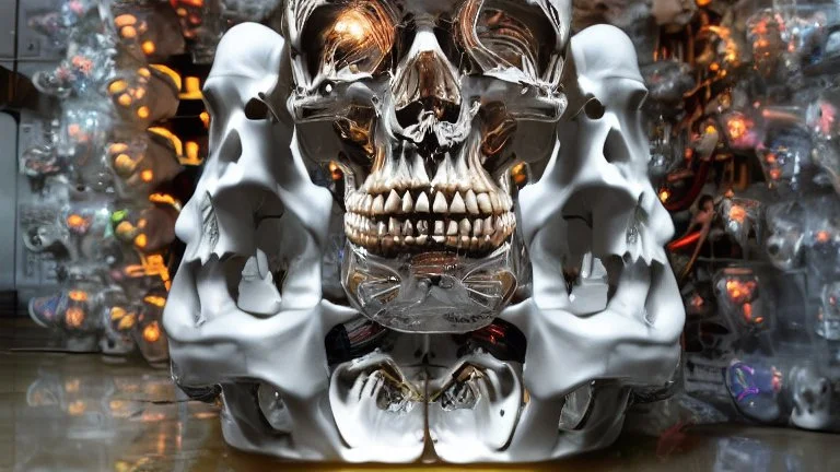 hundreds of anatomically correct, human skulls stacked into a wall unusual neon lighting, high octane, 64k, dystopian, vray, a picture of a dark, comedic, anatomically correct wall of colorful tightly packed skulls of varying sizes and expressions, photo-realistic, insanely meticulous, highly detailed,, 64k, dystopian, vray