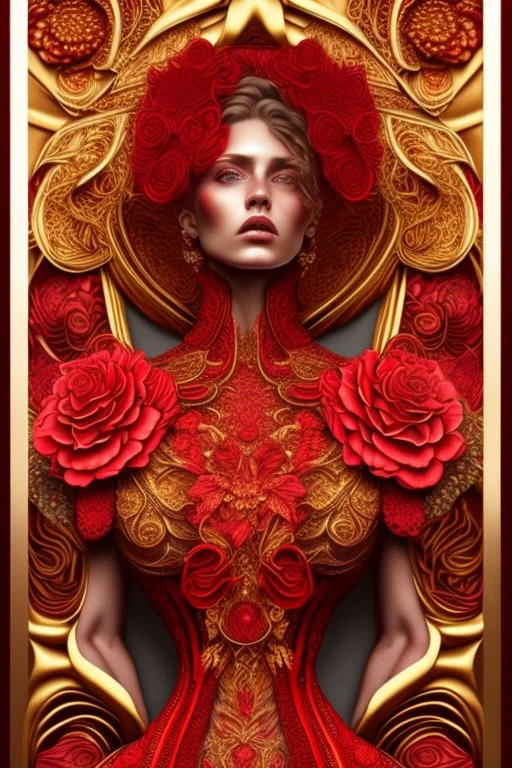 female, red and gold tones, insanely detailed and intricate, hypermaximalist, elegant, ornate, hyper realistic, super detailed, by Pyke Koch