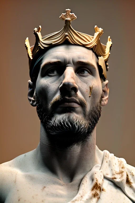 Ultra Realistic image, Roman sculpture, white marble material, Lionel Messi, gold crown of natural thorns, god crown, Renaissance style, sun rays background, waist up portrait, epic, celestial, cinematic lighting, God lights, 4k resolution, smooth details, soft lighting, unreal engine 5, art station, substance 3d.