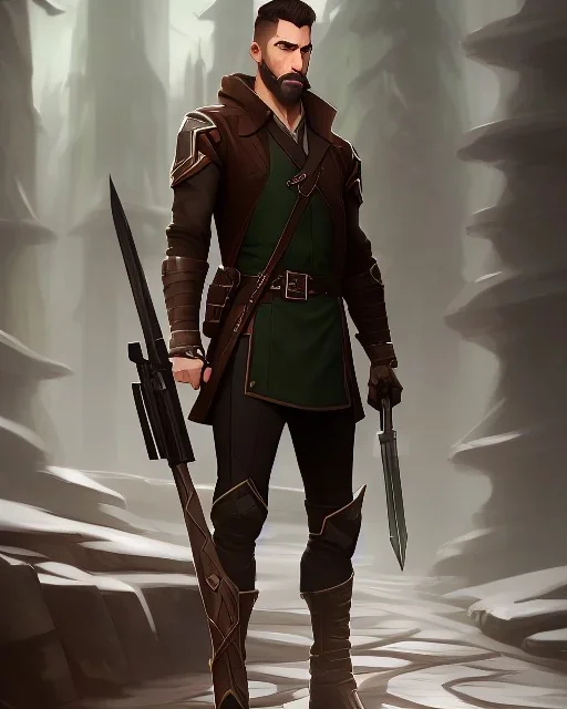 muscular male ranger, slender build, leather pants, black fur boots, belt, brown leather hood, short beard and mustache, long brown hair, stoic, bow, green eyes, eyes are both in proportion, 3/4 look, standing, dark cobblestone alley, forest, intense, non-photorealistic rendering in the art style of j.scott campbell