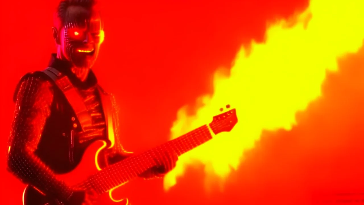 4K. REALISTIC FULL DETAILS. UN TERMINATOR DEBOUT AVEC UNE GUITARE EN MAINS FIRESTARTER; flammes en fond