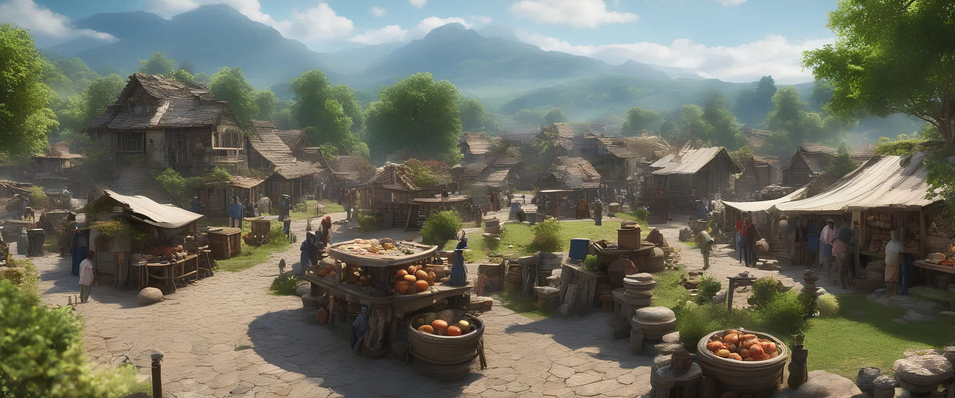 a pro-quality photo of a busy village market in a beautiful outdoor countryside sunny scene with distant hills & fields, intricate dwellings with many pathways & stairways, streams & waterfalls, a waterwheel, & a beautiful sky : very high detail, epic cinematic, 8K, Large depth of field