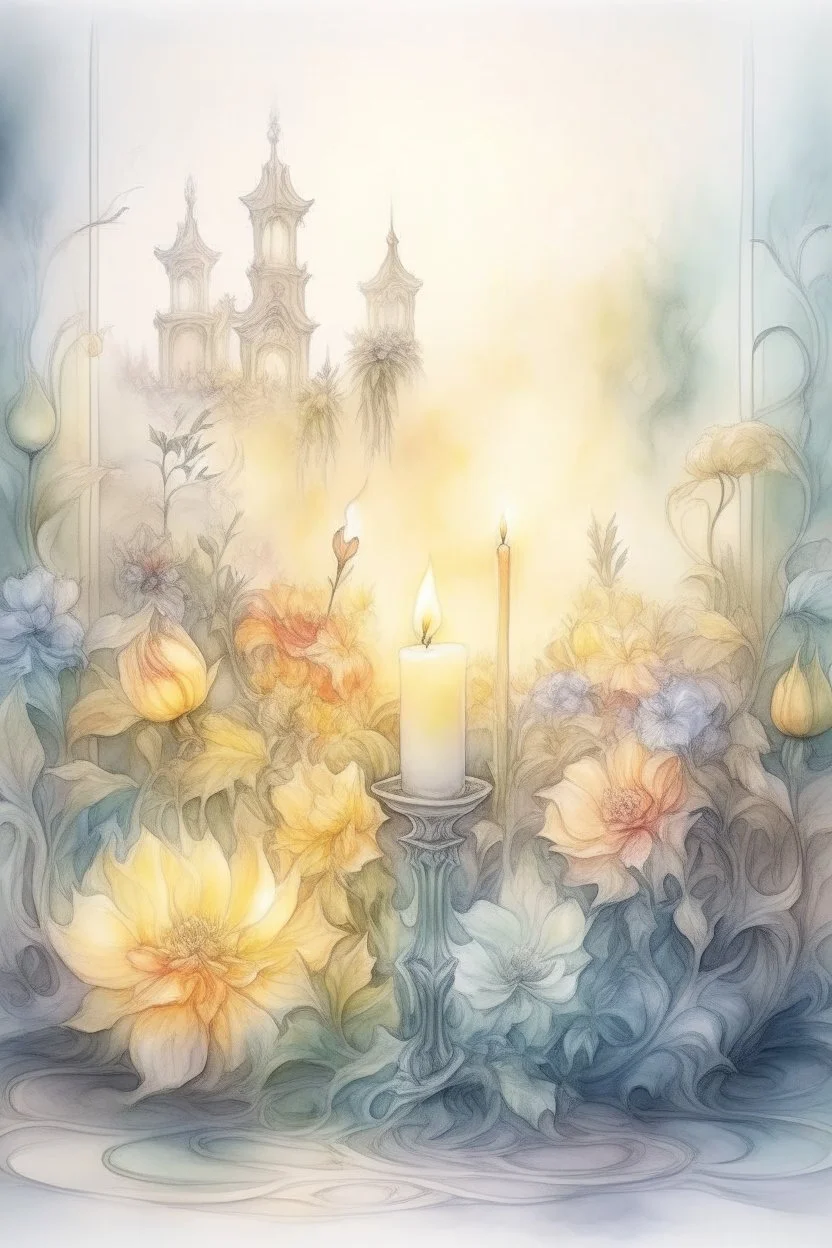 magic Watercolor, color, flowers, candles, purification from ghosts, subtle black ink drawing, several landscapes, collage, fog, many details,delicate sensuality, realistic, high quality,3d, work of art, hyperdetalization, professionally, filigree, hazy haze, hyperrealism, professionally, transparent, delicate pastel tones, backlight from behind, contrast, fantastic, fabulous, unreal, translucent, glowing,clear lines, horror,epic, hyperrealism.