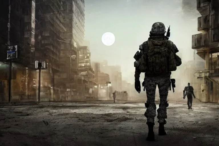 A high tech Soldier walking through the post apocalypse city, night , full moon , realistic , high resolution , HD , 1920pX1080p , dark