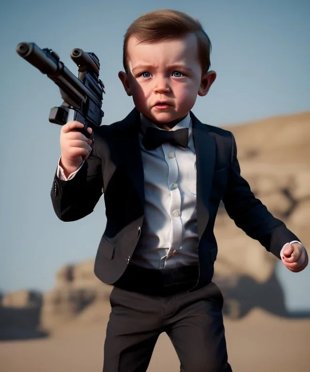 James bond toddler, full body, gun, car, dramatic lighting, hyper realistic