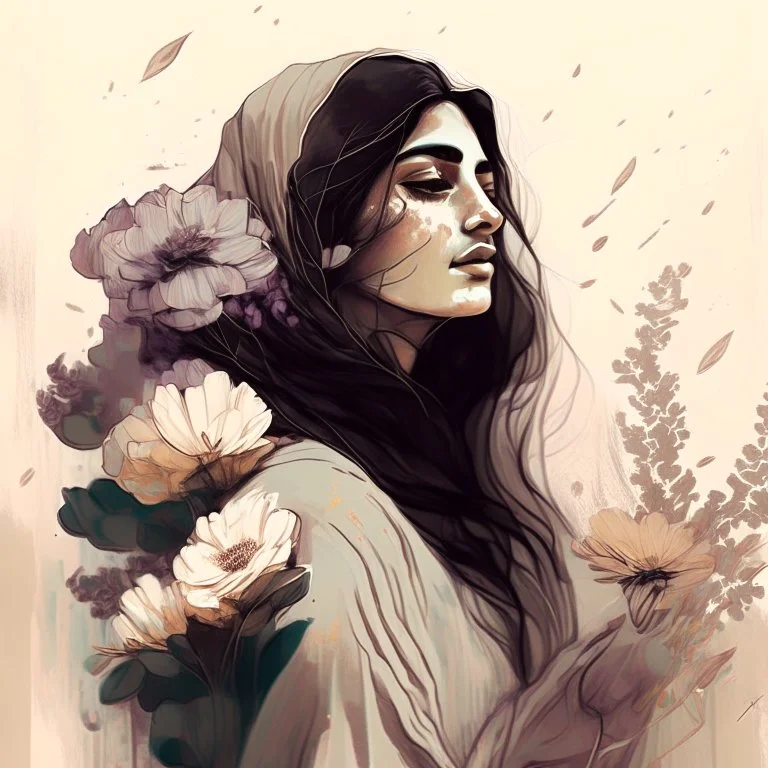 woman, life, freedom, Persian girls, hand-drawn digital art, muted tones, flowers everywhere, REALISTIC