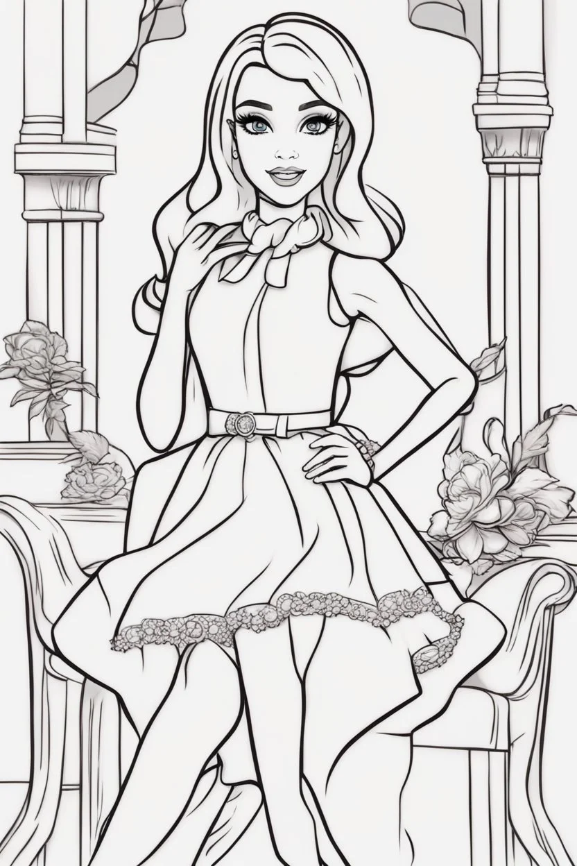 outline art for kids barbie coloring pages with barbie sitting , no background, sketch style, full body, only use outline, mandala style, clean line art, white background, no shadows and clear and well outlined. should look exactly like barbie