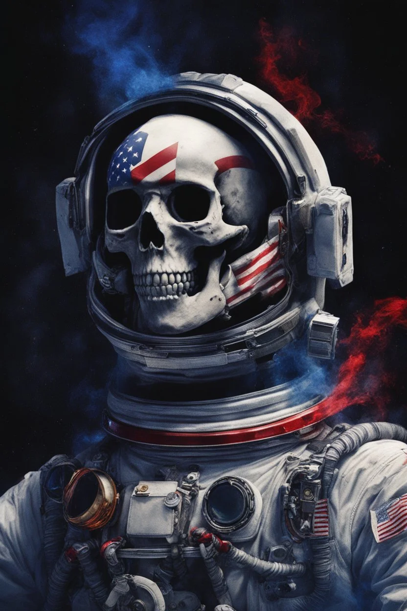 A close up of a skeleton face in an astronaut helmet and suit floating in space. inside the hollow eyes are red shining lights, scary. On his suit is an American flag and in his one hand is a small wavering American hand flag. From the back of his suit is blowing out blue, white and red smoke. Realistic, 8k, highly detailed, funny