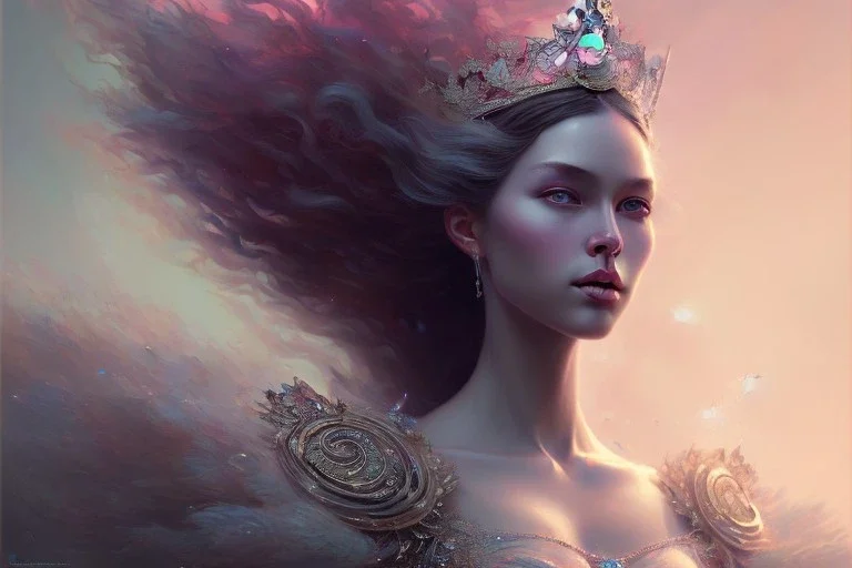 `beauty queen heroine, mystic, silver, rainbow, pastel, style, character portrait, by Greg Rutkowski, intricate, oil on canvas, masterpiece, expert, insanely detailed, 4k resolution, composition`