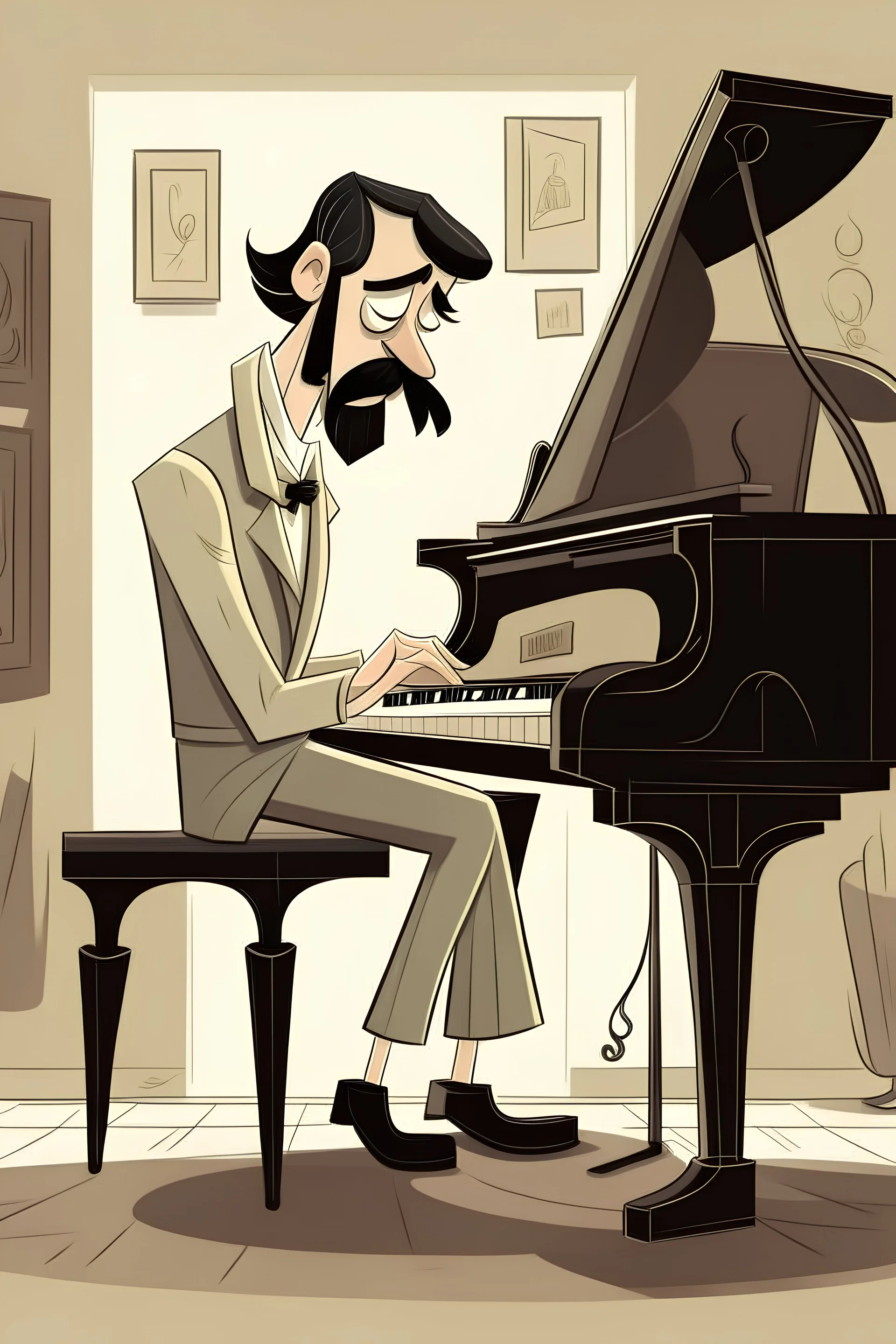 Diseña un personaje que sea un musico, de gran estatura, flaco, con bigote, de aspecto desaliñado, que toque el piano, en un bar.