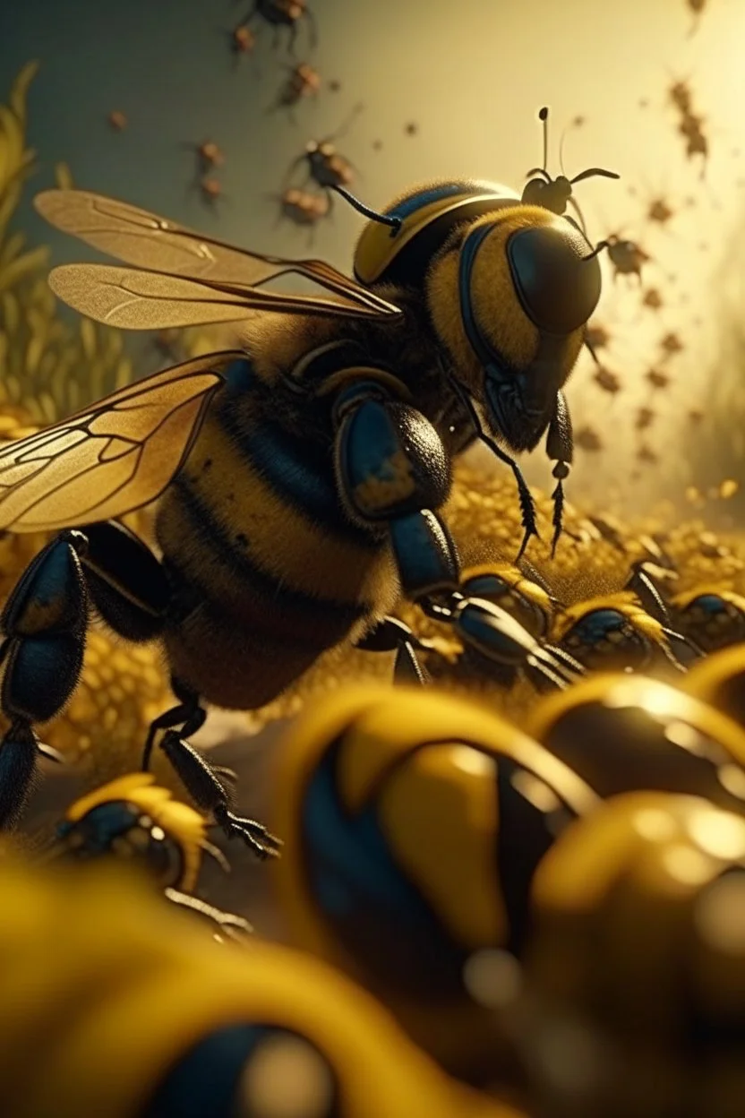 A cowboy Bee Leader riding a a majestic bumblebee in fight gear, wings outstretched, charges into the battlefield surrounded by swarms of anxious honeybees, cinematic, Arriflex, Imax, Cinematic color grading, post processing effects, 70mm, action shot still, motion effects, extremely detailed extremely detailed