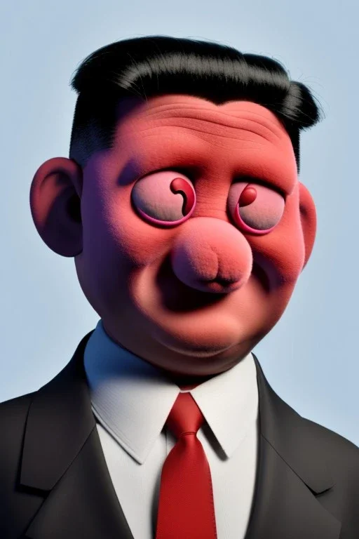 Waist up muppet Portrait, Kim Jong-un muppet doll, black suit, photo studio, red background, unreal engine 5, concept art, art station, god lights, ray tracing, RTX, lumen lighting, ultra detail, volumetric lighting, 3d.