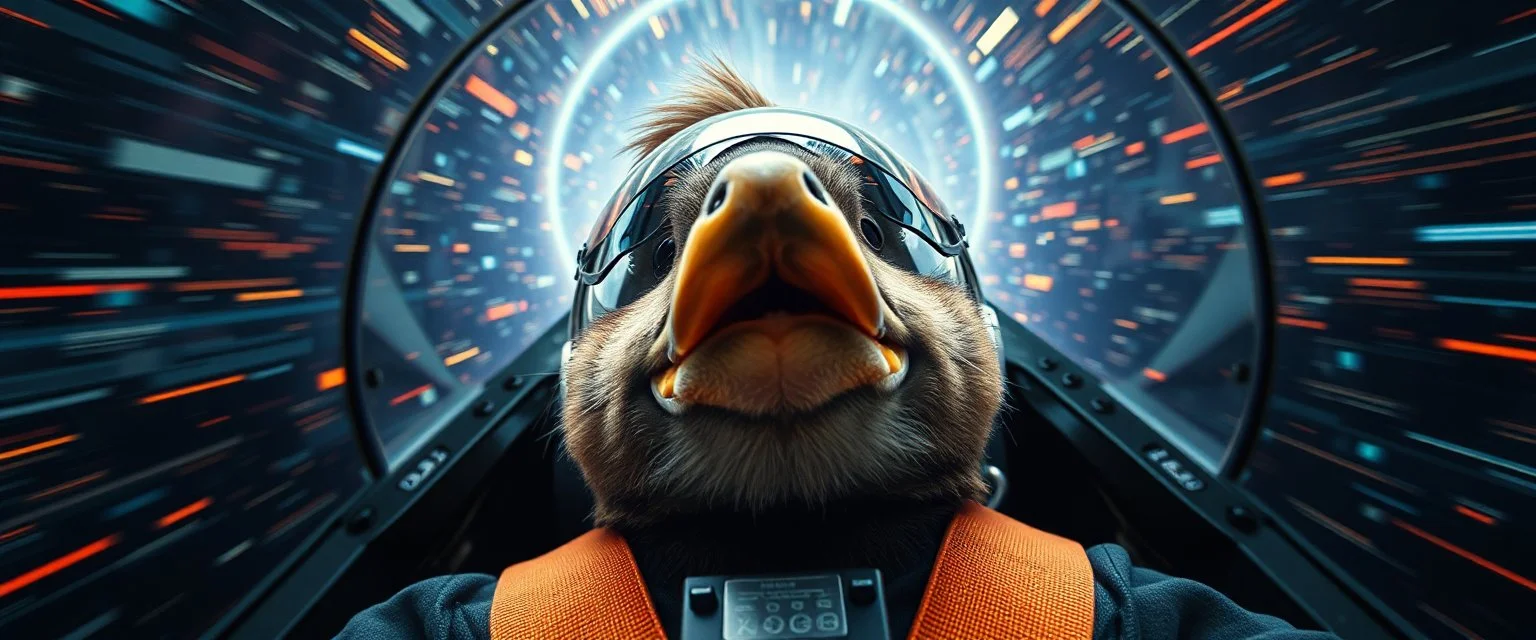 hyper sonic space warp crash pilot ,weird experiment gone wrong perspective close up portrait of dj shrimp beaver smug duck pilot looking down on cam, with background in the style of escher and giger, a chill contrapunctus fugue in the style of fsol, beethoven, goa trance breaks, dancefloor drum and bass,
