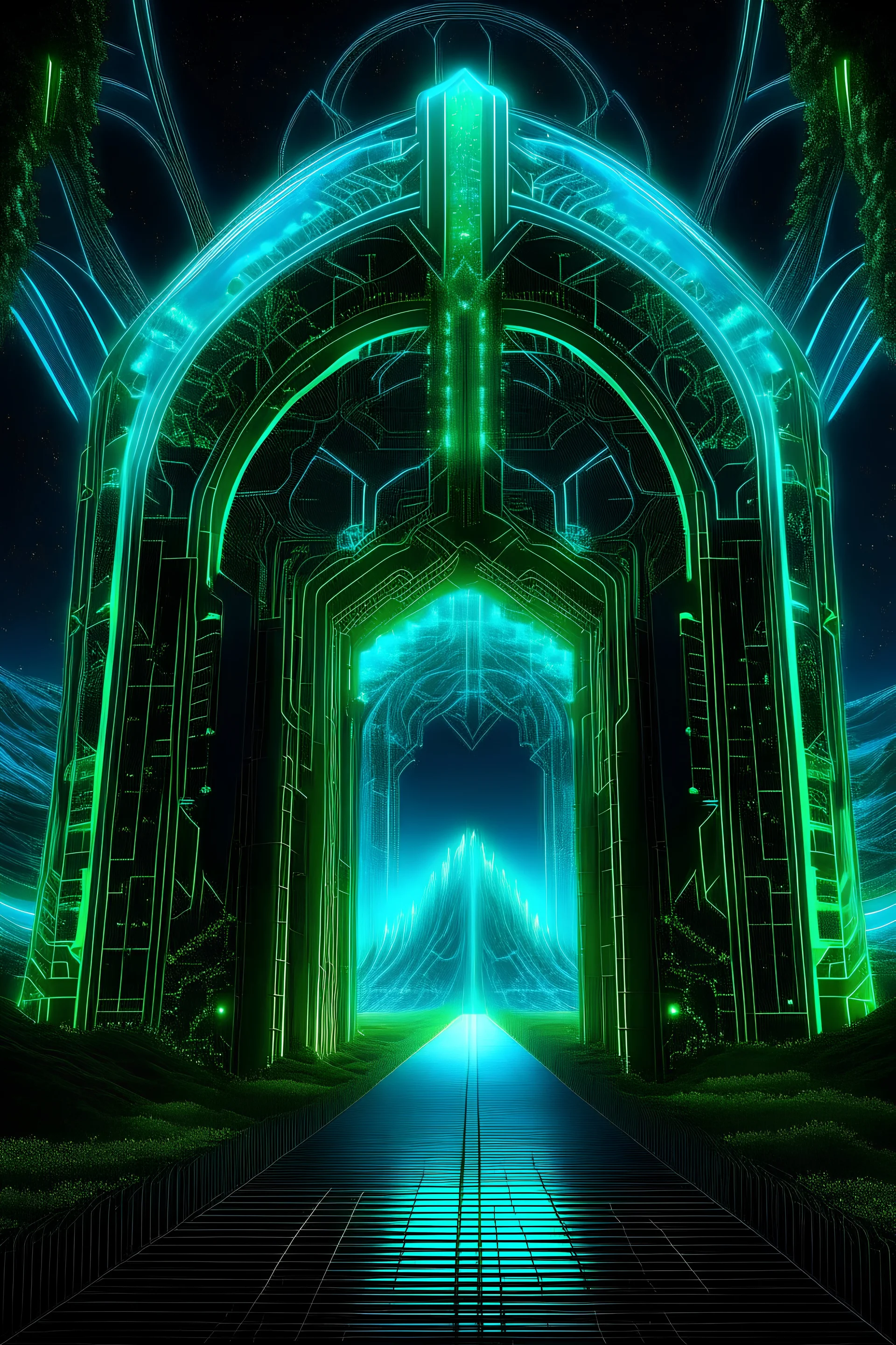 Imagine a futuristic, digital landscape where a giant, luminescent gate stands at the heart of a circuit board valley. The gate is intricately designed, with patterns resembling both neural networks and traditional quality assurance symbols (like checkmarks and magnifying glasses) embedded within its structure. Hovering before the gate is a colossal, transparent figure made of code and light, representing the AI gatekeeper. It holds a glowing orb in one hand, symbolizing the core of AI ethics an