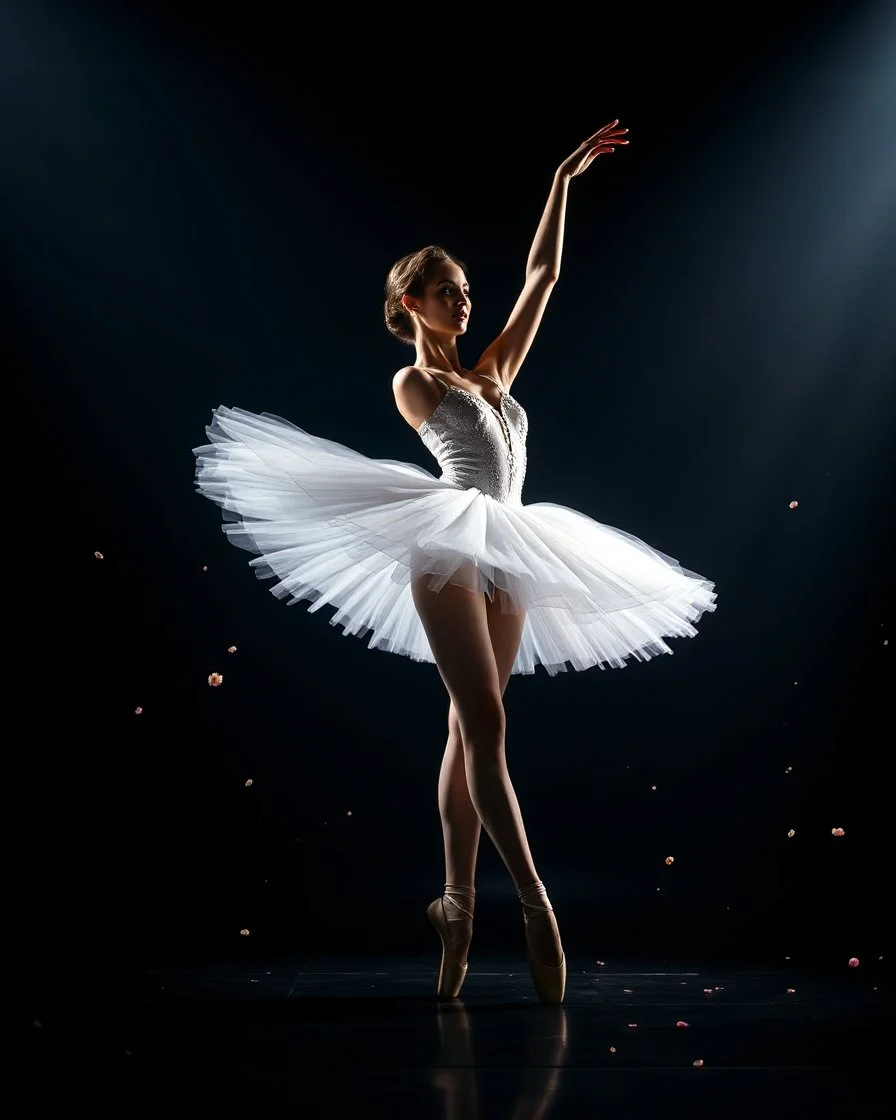Ballet dancer standing a nice ballet pose in luxury teather , small flower particles floating in spotlight, dramatic chiaroscuro lighting