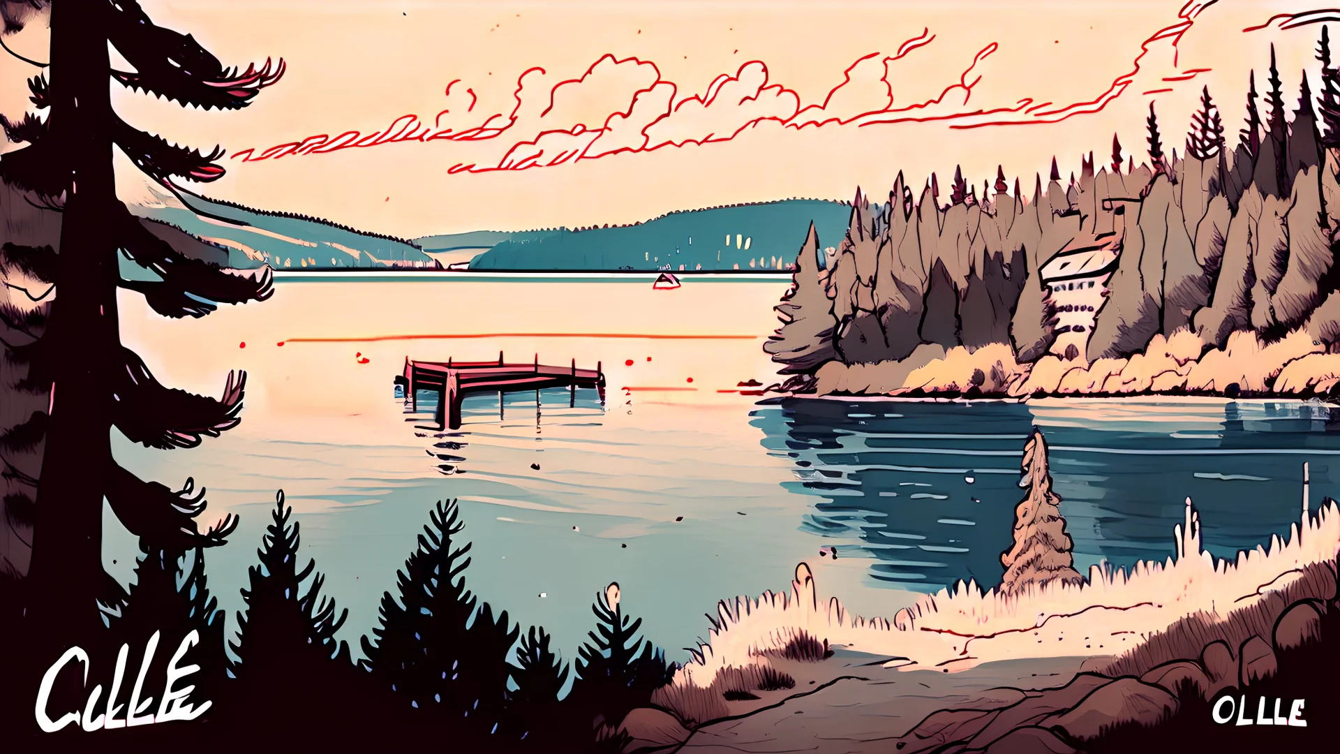 Couer D Alene lake drawn in a soft lofi art style