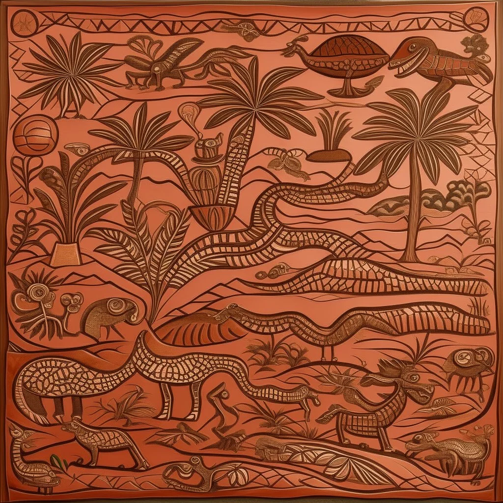 A copper brown dry arid prehistoric land designed in Mexican folk art