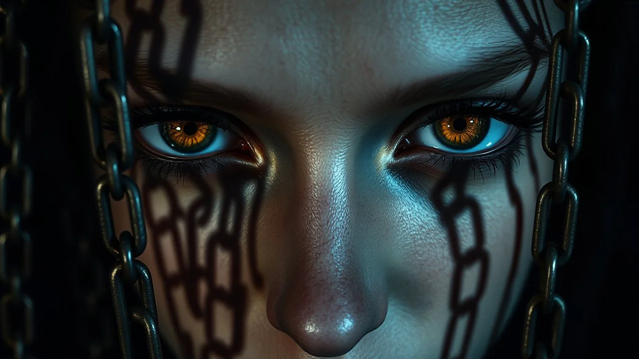 close up face with shadow dark gold eyes, void, pain, hyper-realistic detail, floats in deep darkness, deep blue abyss, shadow of chains is projected on her face, crepy stunning, dark, surreal vibe with meticulous clean pale skin dark golden eyes, dark shadow
