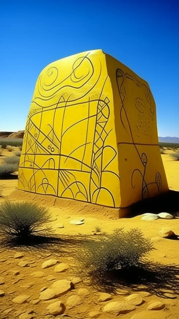 A yellow desert with runestones designed in ancient Greek pottery painted by Pablo Picasso