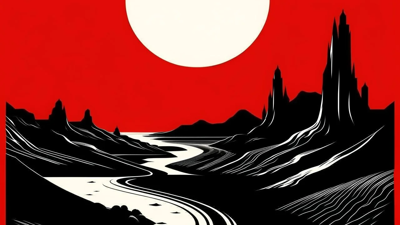 An abstract and ultra minimalist design poster by Matiise and Kuniyoshi of a red, black and white desert landscape.