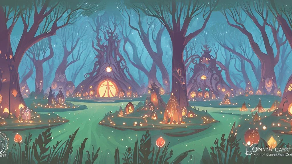 antasy cartoon style illustration: Once upon a time, in the heart of the Enchanted Forest, there was a magical event that all the woodland creatures looked forward to—the Forest Carnival. The trees were adorned with twinkling fairy lights, and the air was filled with laughter and excitement.