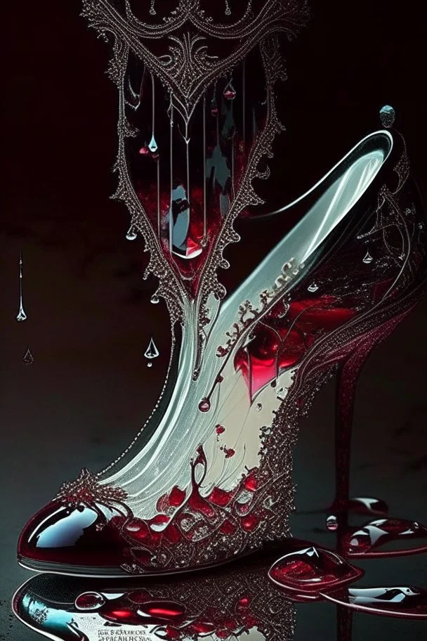 dark fantasy, intricate cover, a whimsical fairytale, translucent shoe made of glass with drops of blood underneath