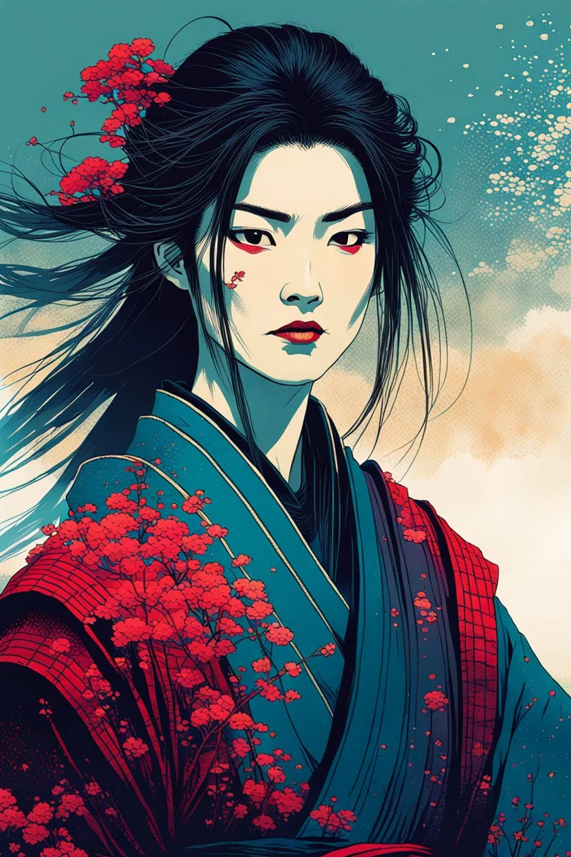 create an imaginative print illustration of an ethereal, otherworldly gaunt and withered ancient female ronin samurai vampire , in the style of Hasui Kawase , Shiro Kasamatsu combined with the graphic novel style of Bill Sienkiewicz, with highly detailed feminine facial features