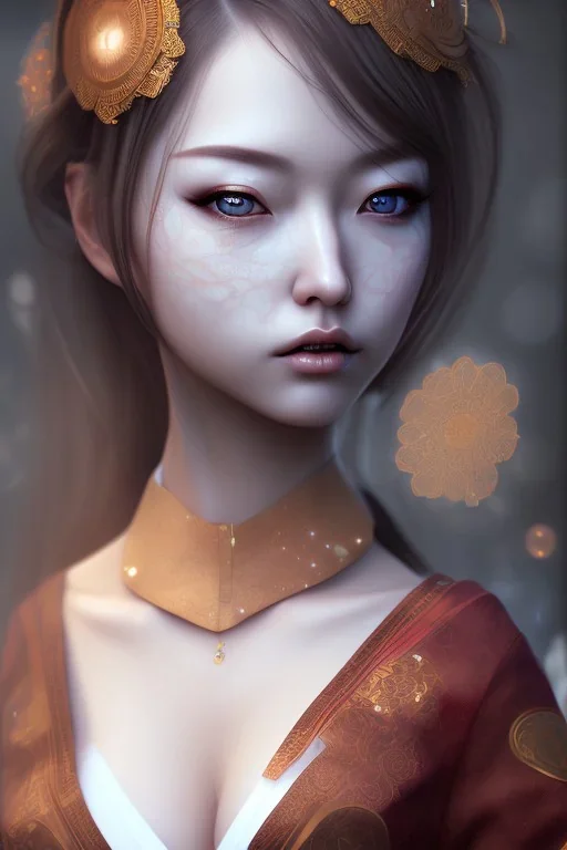 Perfect hitomi tanaka face, geisha clothes, fullbody, intricate, highly detailed face, highly realistic, fog, fire, particles