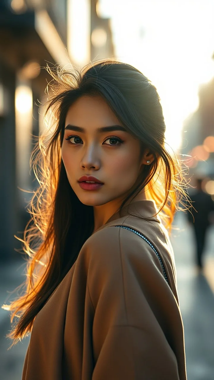 Create an ultra-realistic cinematic 8K fullbody of the person in this photo. Keep the face 100% identical — same facial features, skin texture, and expression. Style: fashion editorial, confident pose. Lighting: warm golden hour sunlight, soft rim light. Background: softly blurred urban bokeh. Camera look: shallow depth of field, film grain, cinematic color grade. Outfit: keep similar to the original or elevate slightly with premium casual style.