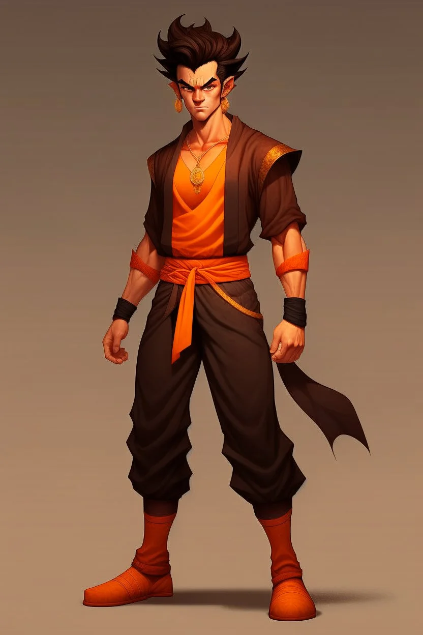 Full Body, Male Tiefling, monk, body shape as Super Sayian Goku, boxer pose, dark outfit colour theme, Handsome face