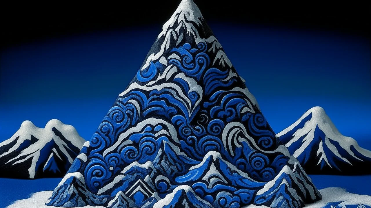 A dark blue frozen peak with chilly winds designed in Hawaiian tiki statues painted by MC Escher
