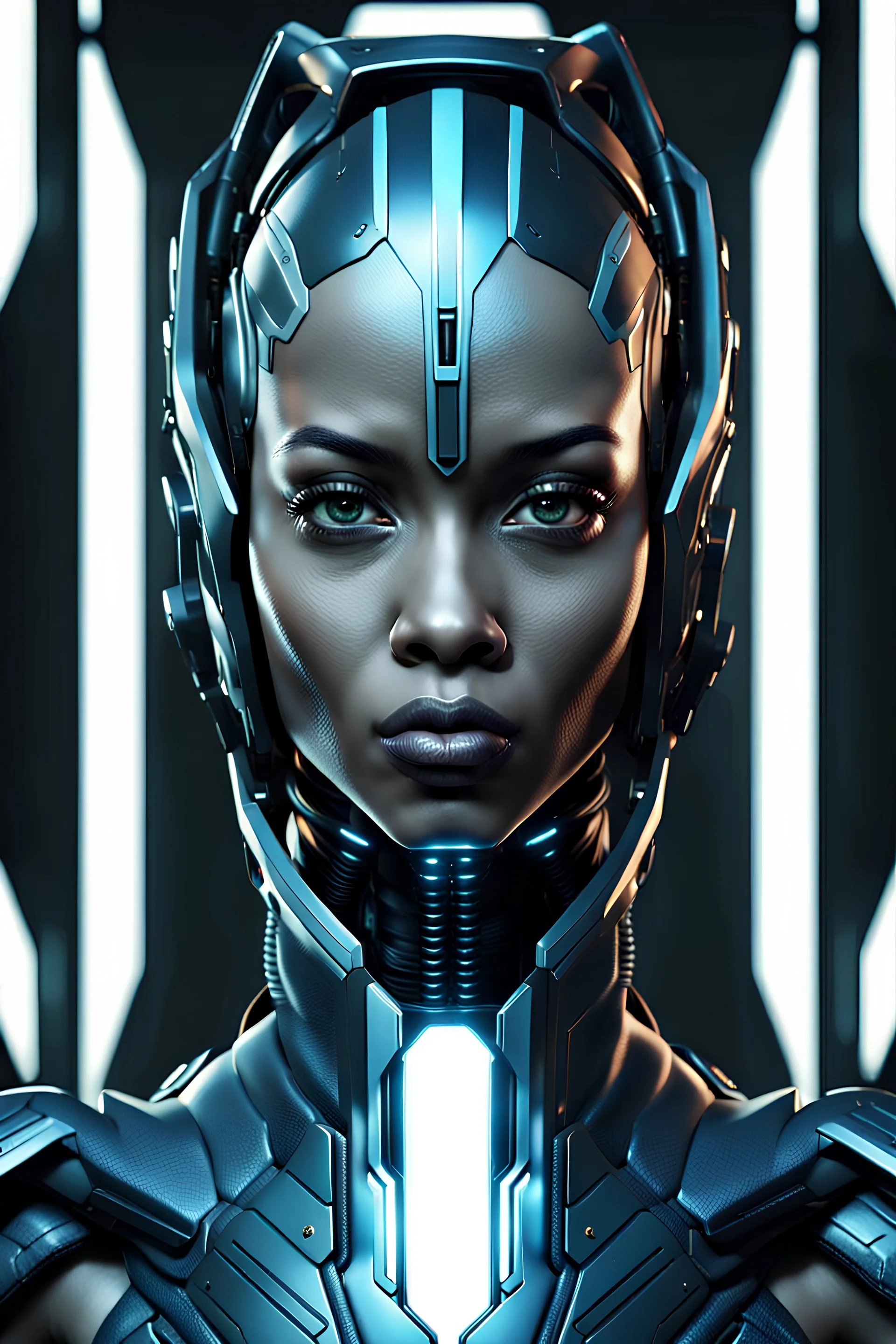 front facing view of a beautiful symmetric black cyberpunk female, white background, ultra realistic, highly detailed, hd, sharp focus, cinematic lighting, realistic, photorealistic, vivid colors, painting, photograph, digital art, non blurry, sharp, artstation, concept art, smooth, illustration