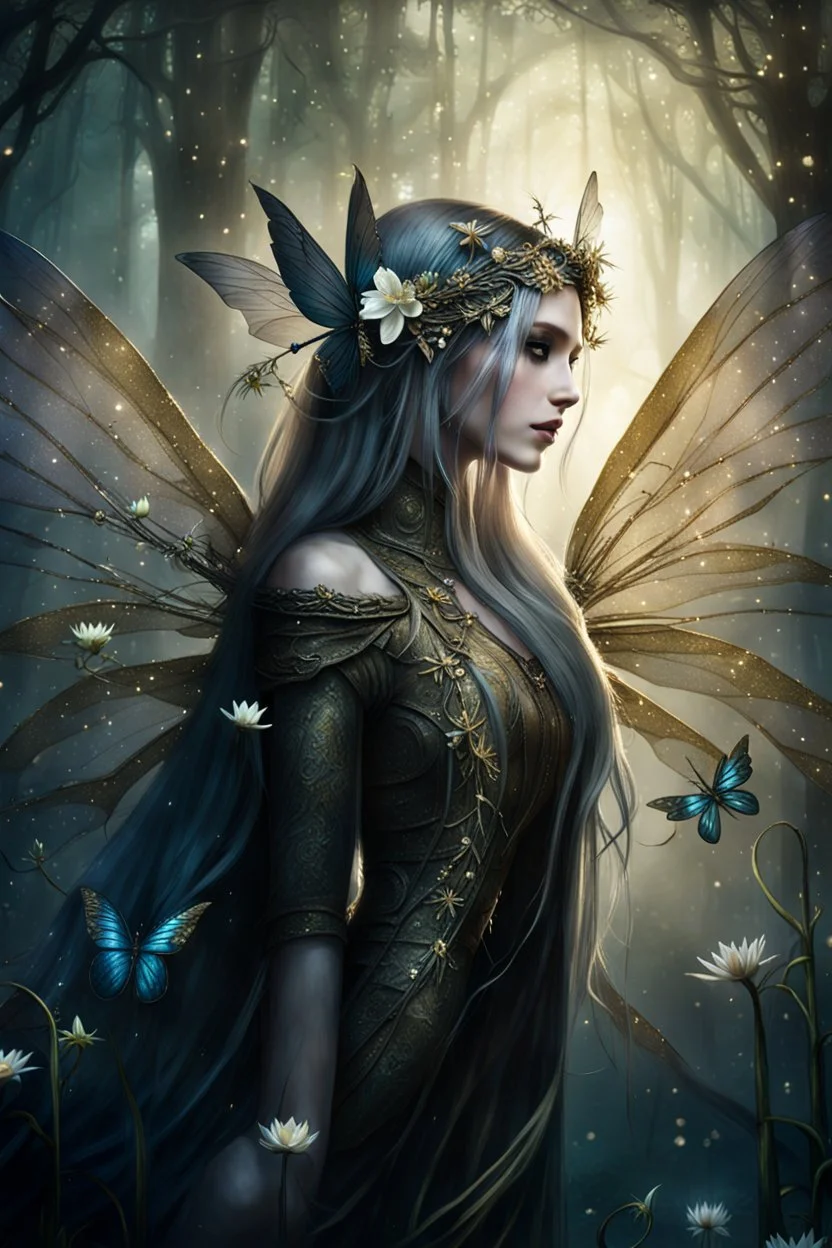 Blonde gold hair , dark gold ,dark Fairy wings,long hair,water lilies,dark fairy princess,nymph,elven crown,dragonflies,tiara,,gothic,glitter,rapunzel hair, very long hair, sparkle,night,