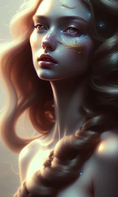 porno model , cute, beautiful, long hair, wavy hair, curly hair، black eyes, head and shoulders portrait, cinematic, 8k, resolution concept art portrait by Greg Rutkowski, Artgerm, WLOP, Alphonse Mucha dynamic lighting hyperdetailed intricately detailed