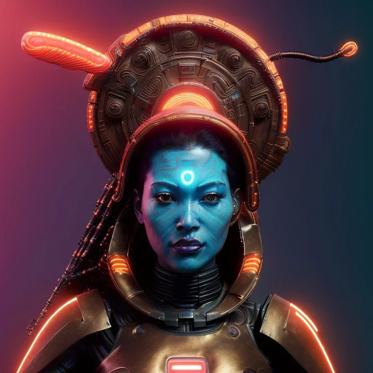 Maori cyber woman, sci-fi, rounded face, blood, black, gold, brown, samurai helmet, decorative color feathers, retro, circuits, neon style, a lot of led lights, leather, vibrant color, highly detailed, art stations, concept art, smooth, unreal engine 5, god rays, ray tracing, RTX, lumen lighting, ultra detail, volumetric lighting, 3d, finely drawn, high definition, high resolution.