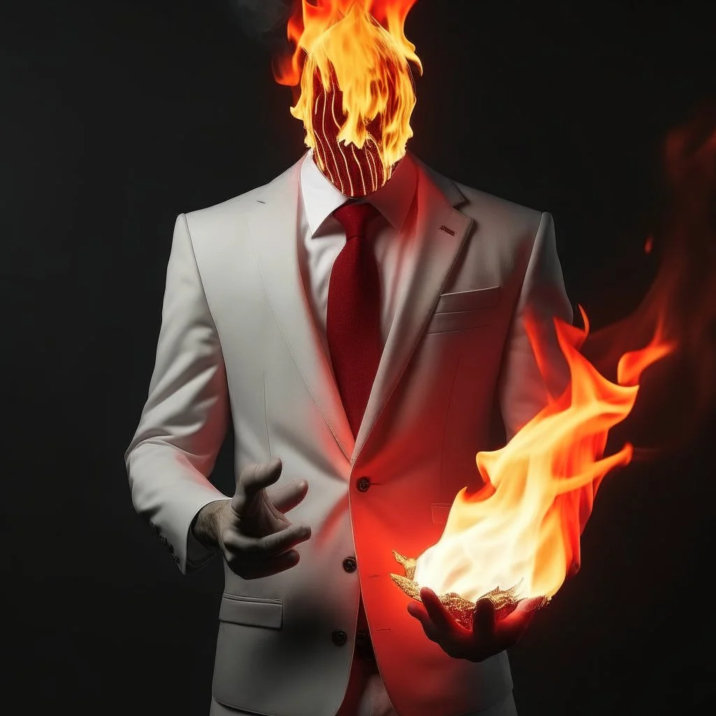 a scary man with fire in the palm of his hand wearing a white suit with a red tie who has no face