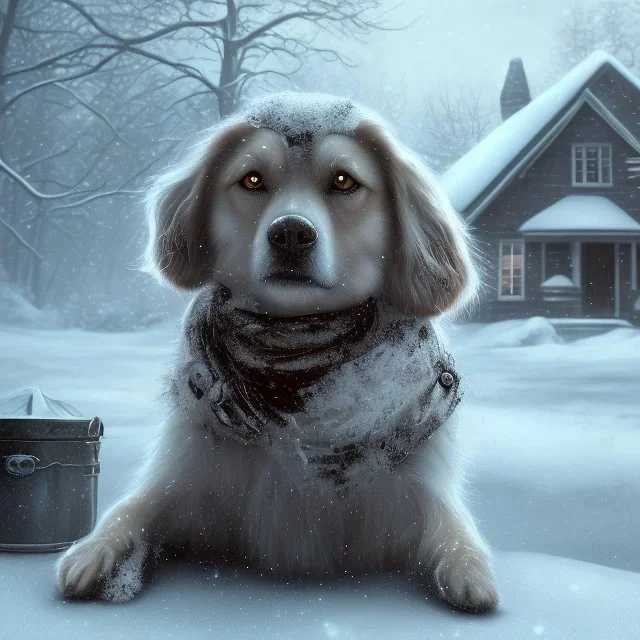 sad, scared, sad, lonely dog tied up outside in front of a house, winter, 8k resolution, high-quality, fine-detail, intricate, digital art, detailed matte, volumetric lighting, illustration, 3D octane render, brian froud, howard lyon, selina french, anna dittmann, annie stokes, lisa parker, greg rutowski