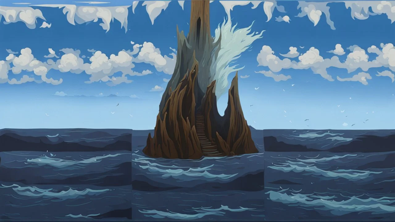 a thick hollow twisting tree trunk rises out of the raging sea, a whirlpool inside the base of the spire