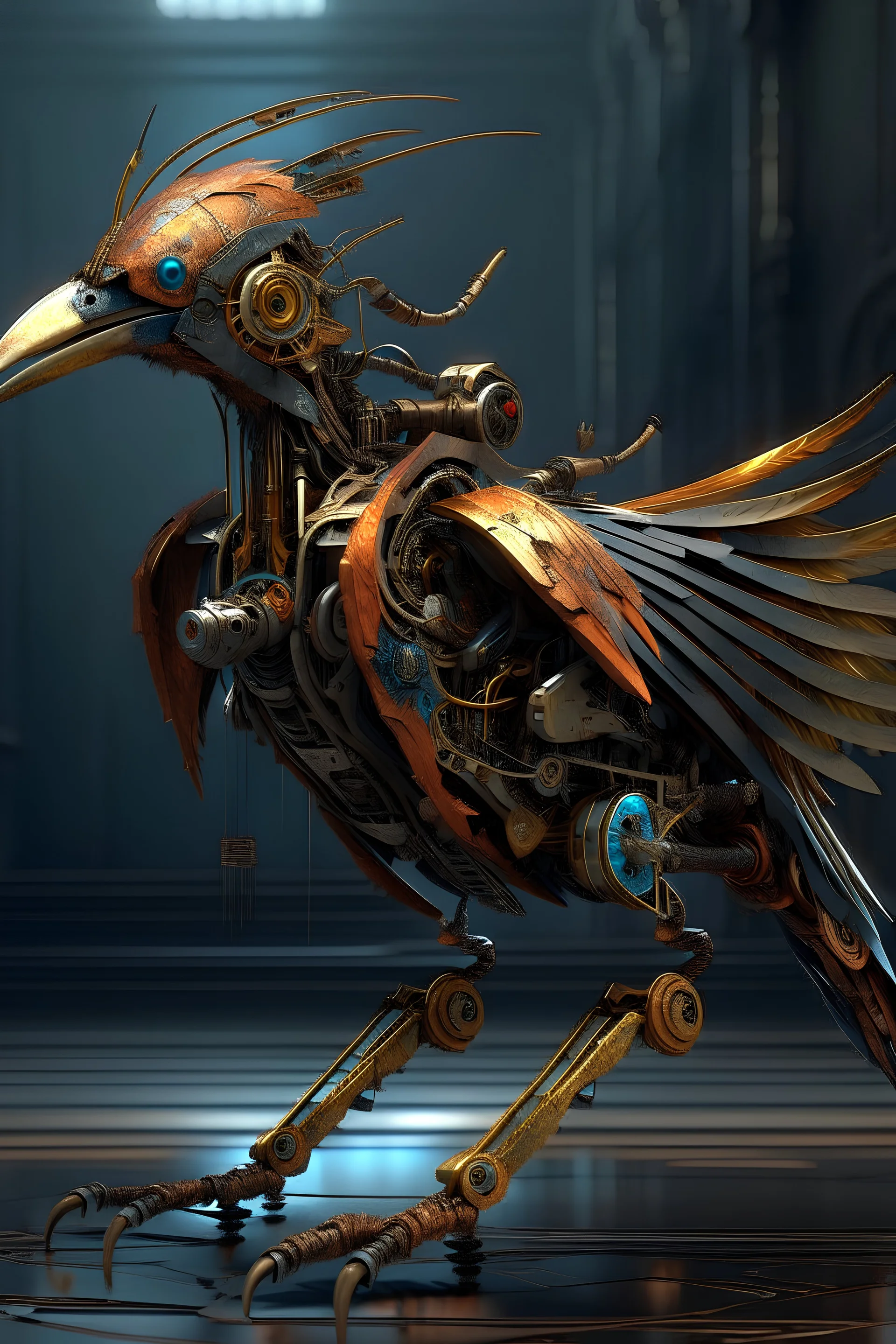 A full length cyber hornbill bird mixed with a rusted robot, wing, carrying a weapon,8k ultra detail, baroque painting by AI