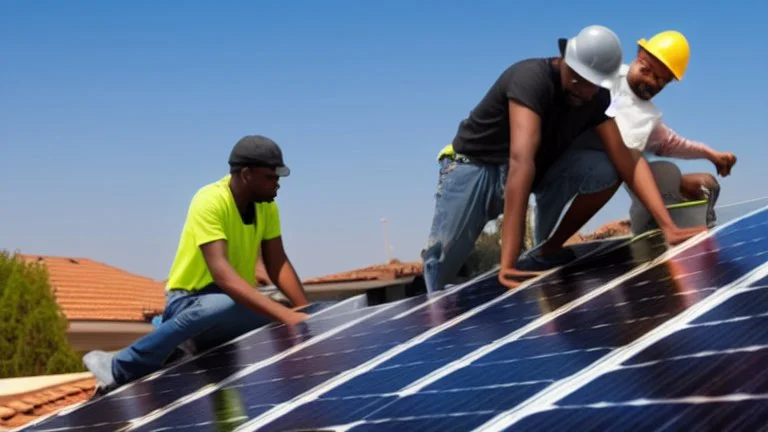 solar panel installation by 2 - 3 black guys on the roof of a house, panoramic view