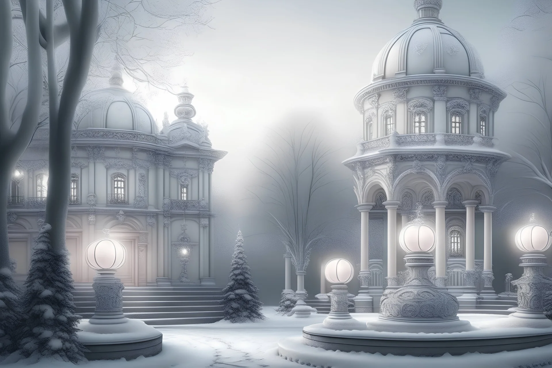 Beautiful landscape in pastel colors, lanterns, mansion, frosty columns, icy fountain, mystical glow, filigree, snow-covered trees,I am snow, mystical haze, black sky, white velvet clouds descend on the city, realistic, beautiful style, professional photography,about high resolution, cgi,f/19.1/200s, in light silver tones, sophistication, highly detailed, digital painting, moon, wonderful, microdetalization, high contrast