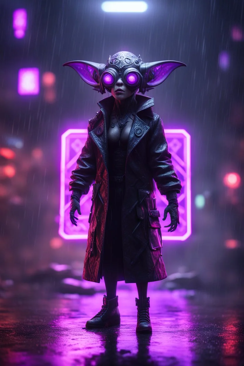 Volumetric fog gremlin lights,paradise sacred geometry framed playing card, black, red, spore and purple neon fire cyber punk dancer thief in soaked rain coat shadows boss card in the style of giger and fallout 4 ,,bokeh like f/0.8, tilt-shift lens 8k, high detail, smooth render, down-light, unreal engine