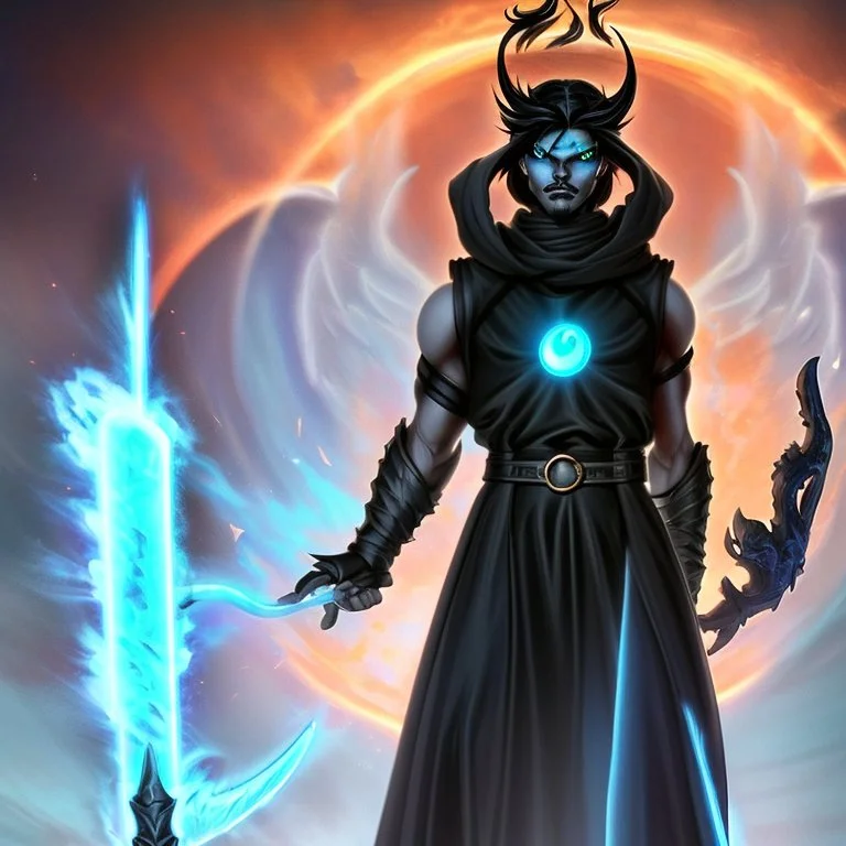 A 25 years boy persian in matte black robes with flaming eyes with grin with flaming light blue pupils stands atop a squire Two infinity gauntlets contain six infinity stones, one of which is made with nano In the hands of a powerful man walking While standing on a majestic height from afar With two big wings