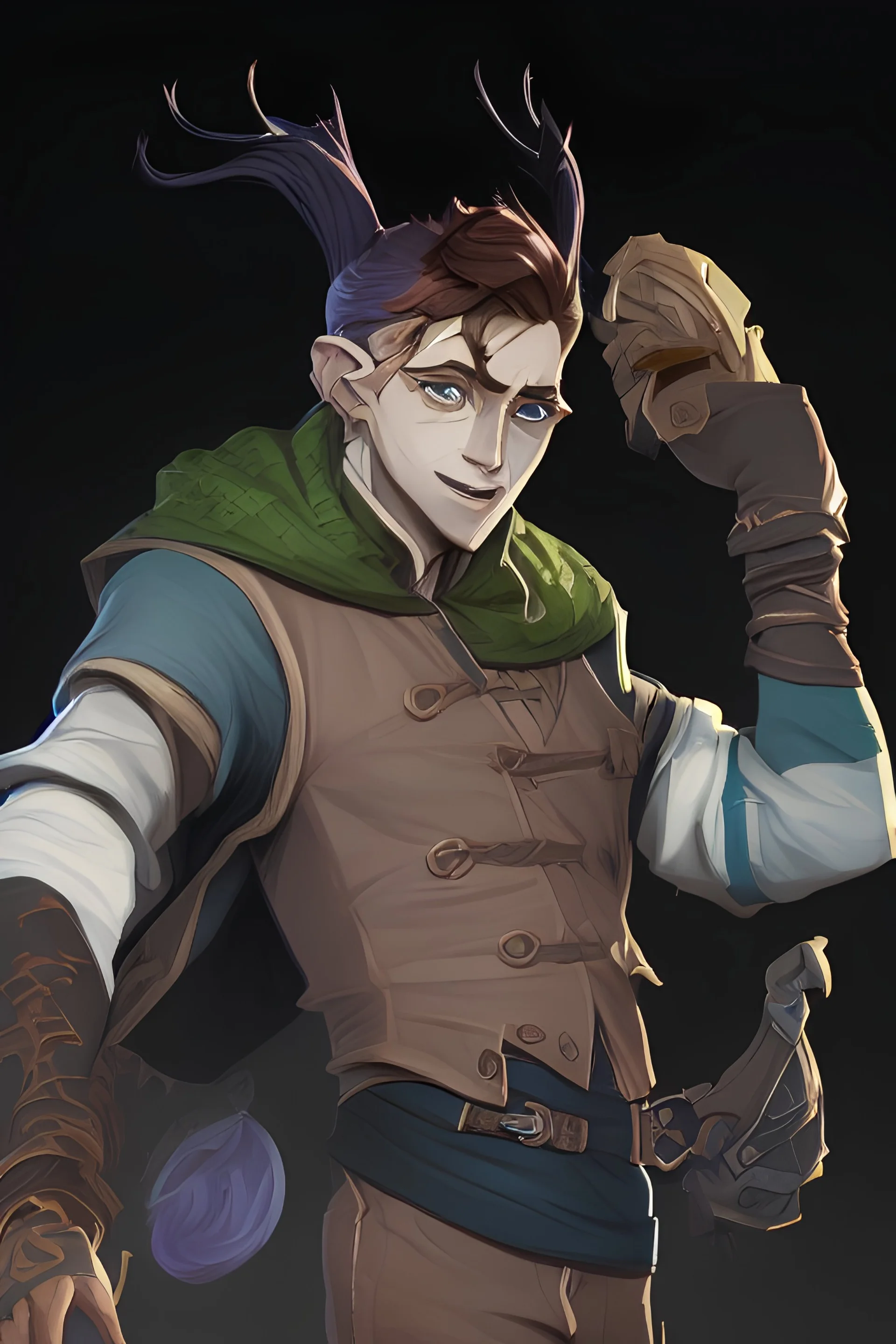 male fey with black hair, a grin, blue colored clothes and a notebook in his hand