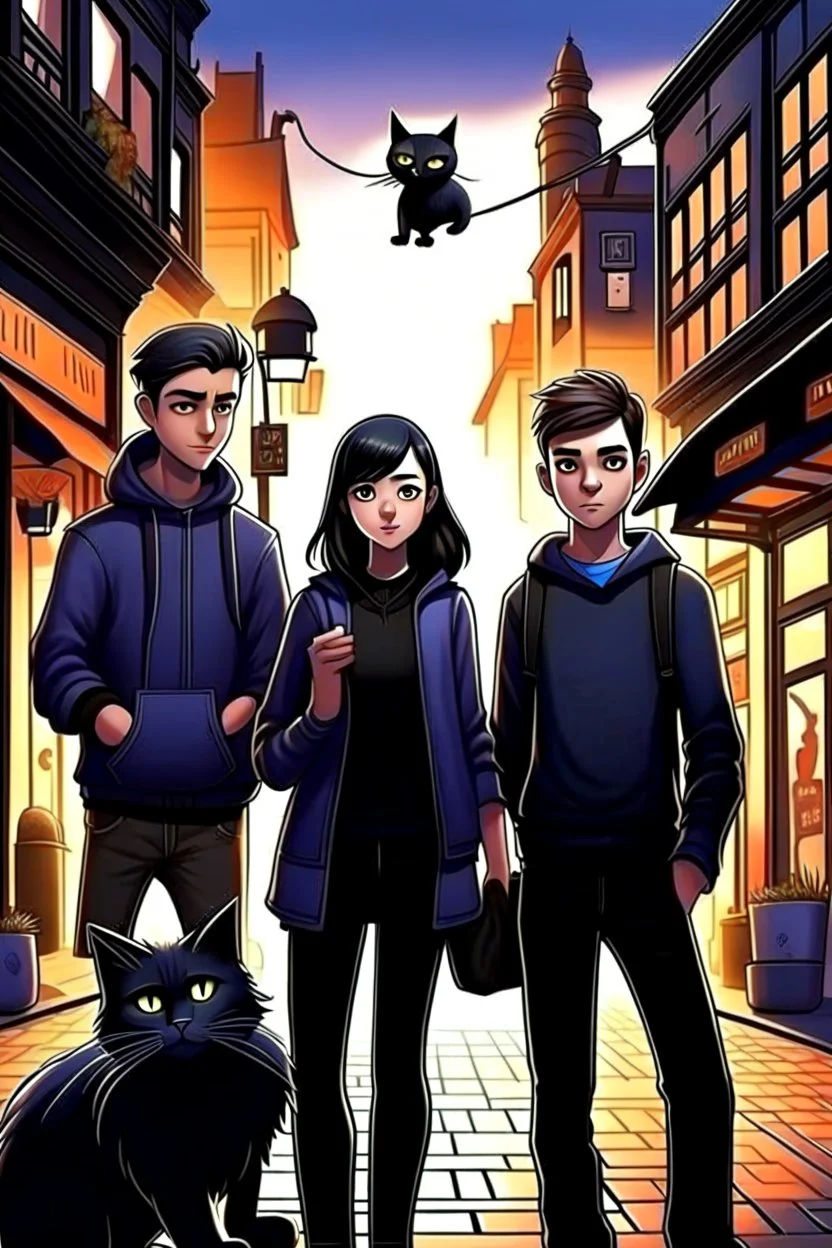 Design a book cover for fantasy criminal story. One teenage girl and two boys are on the town street. Black Cat as a company. The book is for teenagers. Modern style. Bakery in the background